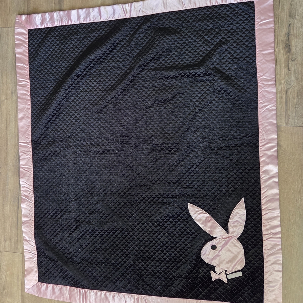 PLAYBOY Quilted Black Blanket with Pink Satin Border and Bunny Applique
